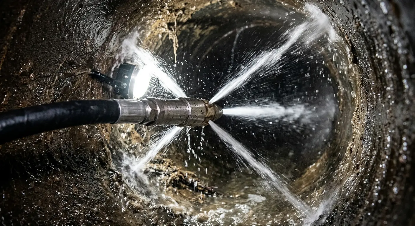 High-pressure hydro jetting nozzle cleaning sewer pipe for Storm Drain Cleaning in Cedarhurst