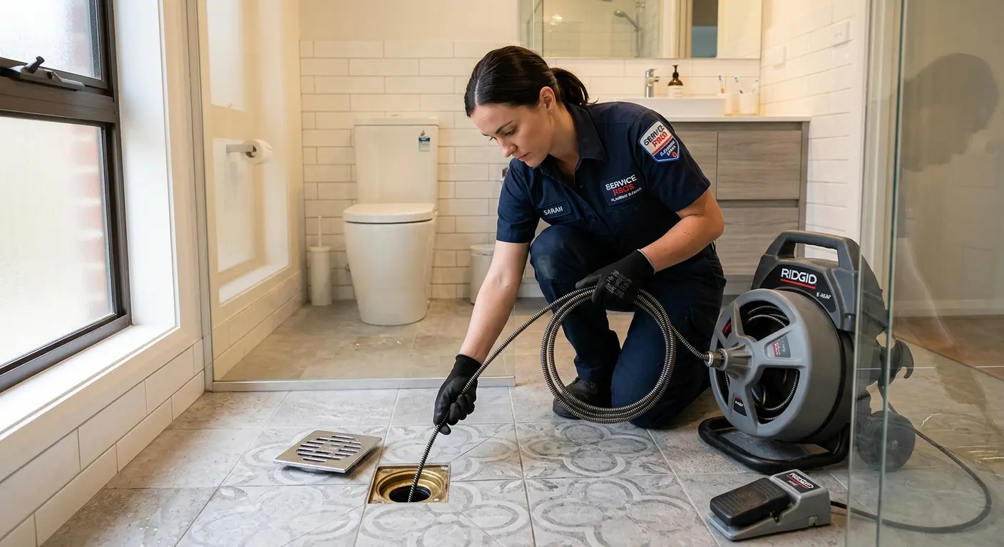 Technician clearing a bathroom floor drain for Sewer Line Installation in Cedarhurst